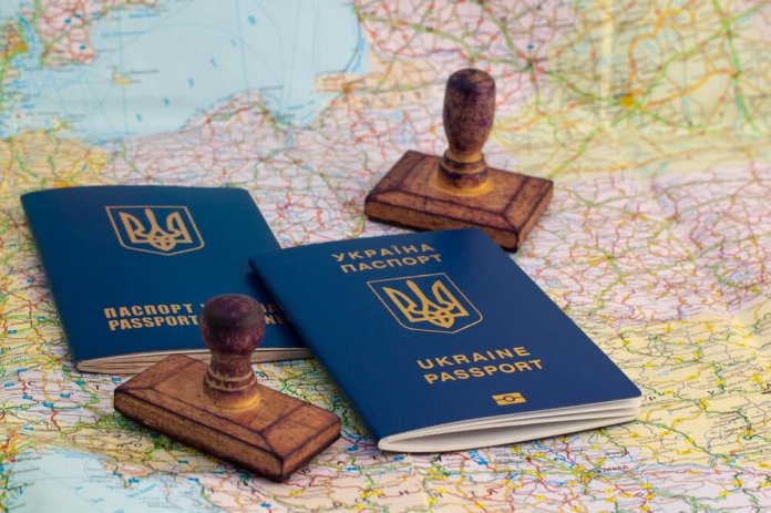 Ukrainian passports, stamps and map of Europe